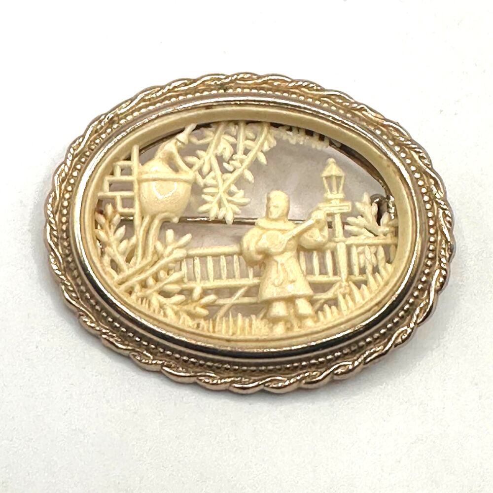 CORO Romeo and Juliet Brooch Pegasus carved thermoplastic Vintage Jewelry Pin